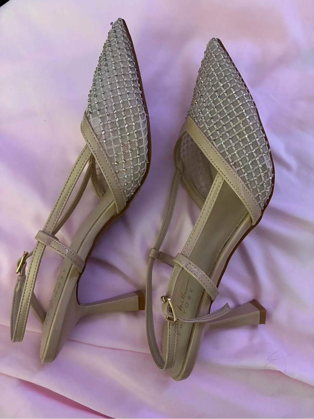 Nicole Miller Beige Crystal-Embellished Pointed Slingback Flats